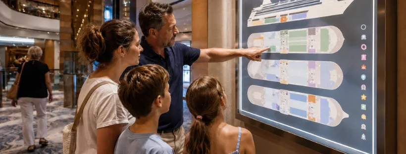 Passagers se repérant sur un plan de navire