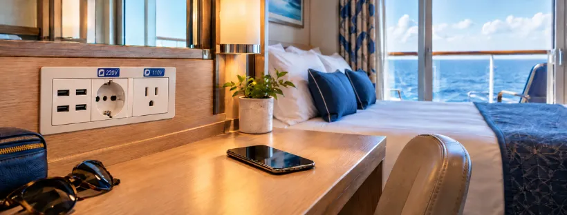 Prises électriques 220V, 110V et USB en cabine de croisière