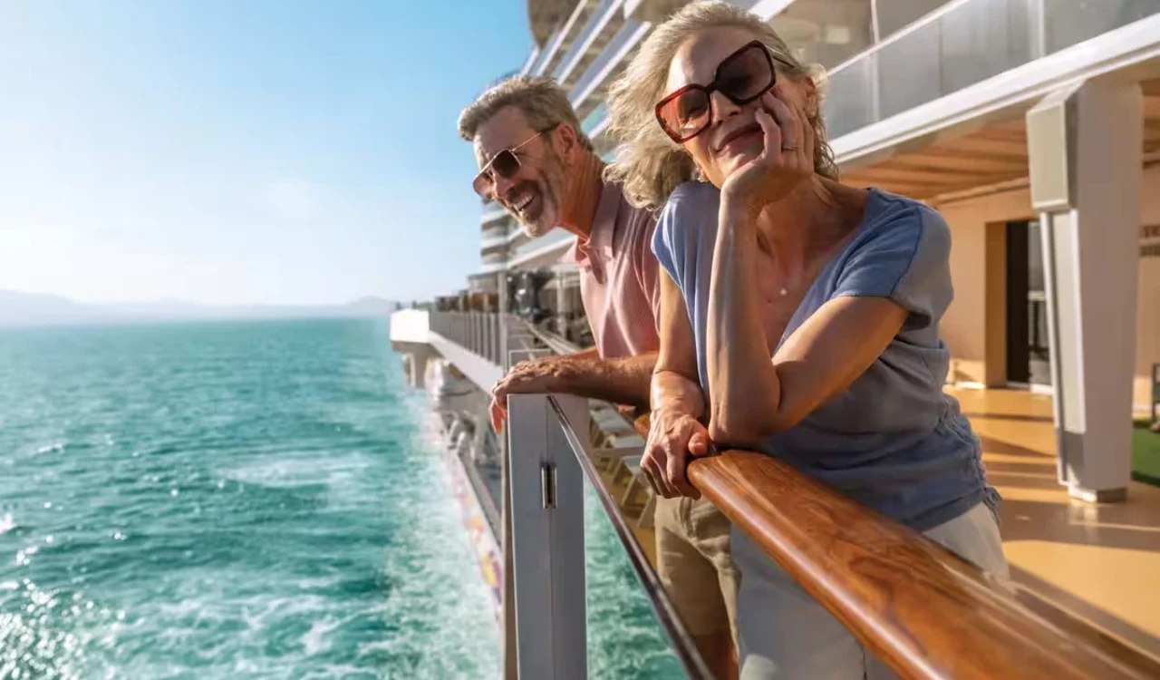 Un couple profite de la vue depuis une rambarde en bois, au-dessus de la mer.