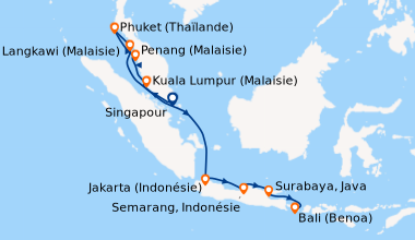 Itinéraire de la croisière Singapour, Singapour, Kuala Lumpur (Malaisie)...