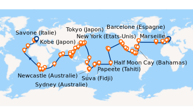 Itinéraire de la croisière Italie, France, Espagne, Portugal, Açores, États-Unis, Floride (USA), Mexique, États-Unis, Hawaii, Polynésie, Fiji, Australie