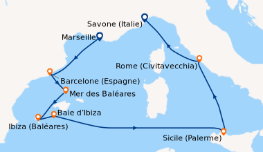 Itinéraire de la croisière France, Espagne, Baléares, Italie