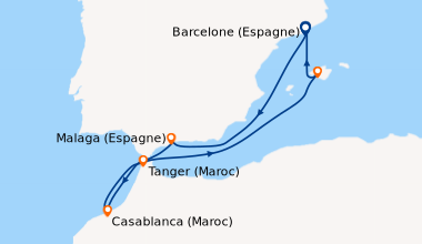 Itinéraire de la croisière Barcelone (Espagne), En mer, Malaga (Espagne)...