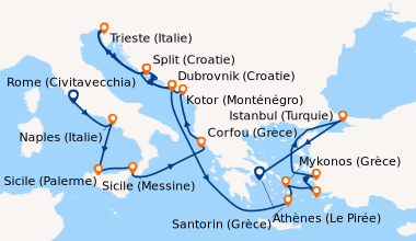 Itinéraire de la croisière Rome (Civitavecchia), Naples (Italie), Sicile...