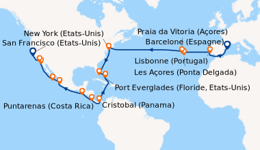 Itinéraire de la croisière Espagne, Portugal, Açores, États-Unis, Floride (USA), Mexique, États-Unis