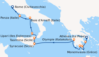 Itinéraire de la croisière Athènes (Le Pirée), Hydra (Grèce), Monemvasia...