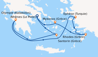 Itinéraire de la croisière Athènes (Le Pirée), Santorin (Grèce), Olympie...