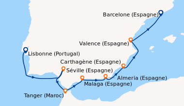 Itinéraire de la croisière Lisbonne (Portugal), En mer, Séville (Espagne...