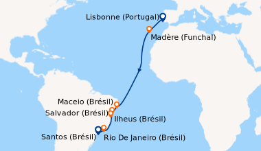 Itinéraire de la croisière Lisbonne (Portugal), En mer, Madère (Funchal)...