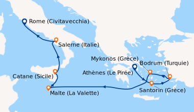 Itinéraire de la croisière Athènes (Le Pirée), En mer, Santorin (Grèce),...