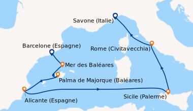 Itinéraire de la croisière Espagne, Baléares, Italie
