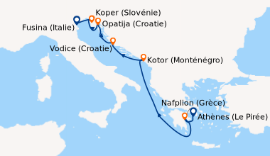 Itinéraire de la croisière Athènes (Le Pirée), Nafplion (Grèce), En mer,...