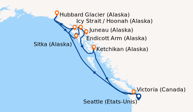 Itinéraire de la croisière Seattle (Etats-Unis), En mer, Juneau (Alaska)...