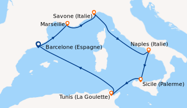 Itinéraire de la croisière Espagne, France, Italie, Tunisie