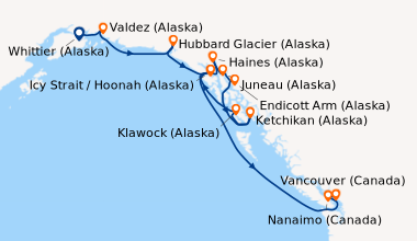 Itinéraire de la croisière Whittier (Alaska), Valdez (Alaska), Hubbard G...