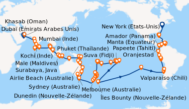 Itinéraire de la croisière Un Monde Infini 112 nuits