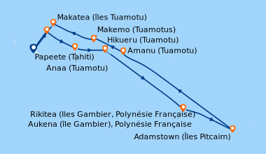 Itinéraire de la croisière Polynésie française et île Pitcairn