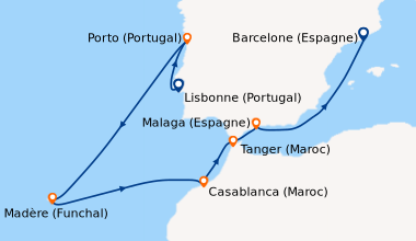 Itinéraire de la croisière Lisbonne (Portugal), Porto (Portugal), En mer...