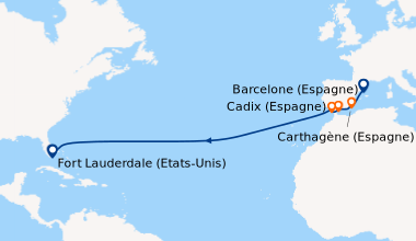 Itinéraire de la croisière Barcelone (Espagne), Carthagène (Espagne), Ma...