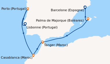 Itinéraire de la croisière Lisbonne (Portugal), Porto (Portugal), En mer...