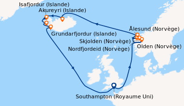 Itinéraire de la croisière Southampton (Royaume Uni) , En mer, Skjolden ...