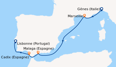 Itinéraire de la croisière Gênes (Italie), Marseille, En mer, Malaga (Es...