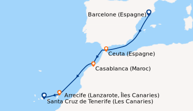 Itinéraire de la croisière Barcelone (Espagne), En mer, Ceuta (Espagne),...