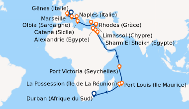 Itinéraire de la croisière Gênes (Italie), Marseille, Olbia (Sardaigne),...