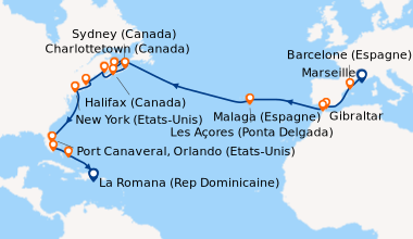 Itinéraire de la croisière France, Espagne, Gibraltar, Açores, Canada, États-Unis, Floride (USA), Rép.Dominicaine
