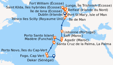 Itinéraire de la croisière Dakar (Sénégal), En mer, Fogo, Cap Vert, Port...