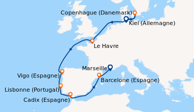 Itinéraire de la croisière Allemagne, Danemark, France, Espagne, Portugal