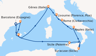 Itinéraire de la croisière Barcelone (Espagne), Palamos (Espagne), Palma...