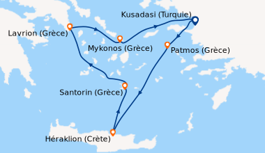 Itinéraire de la croisière Kusadasi (Turquie), Patmos (Grèce), Héraklion...
