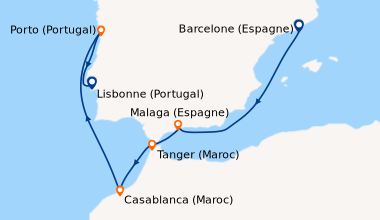 Itinéraire de la croisière Barcelone (Espagne), En mer, Malaga (Espagne)...