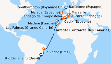 Itinéraire de la croisière Southampton (Royaume Uni) , En mer, Santiago ...