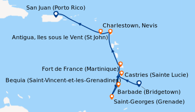 Itinéraire de la croisière Barbade (Bridgetown), Castries (Sainte Lucie)...
