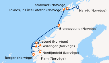 Itinéraire de la croisière Splendeurs automnales des Lofoten aux fjords de Norvège