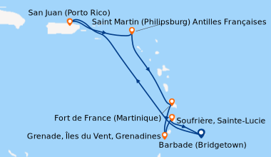 Itinéraire de la croisière Barbade (Bridgetown), En mer, San Juan (Porto...