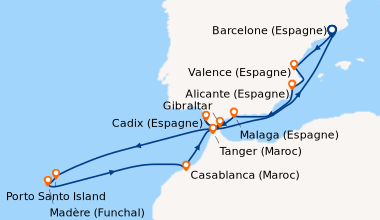 Itinéraire de la croisière Barcelone (Espagne), Valence (Espagne), Alica...