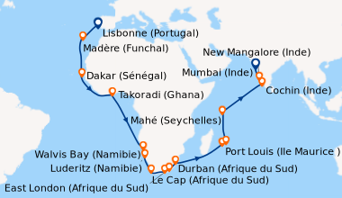 Itinéraire de la croisière Lisbonne (Portugal), En mer, Madère (Funchal)...