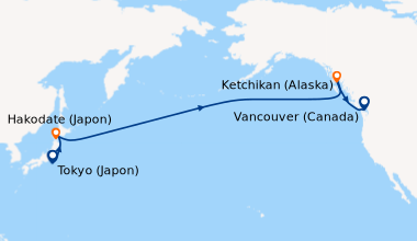Itinéraire de la croisière Tokyo (Japon), En mer, Hakodate (Japon), En m...