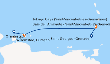 Itinéraire de la croisière Oranjestad, Willemstad, Curaçao, En mer, En m...