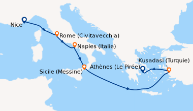 Itinéraire de la croisière Nice, Rome (Civitavecchia), Naples (Italie), ...