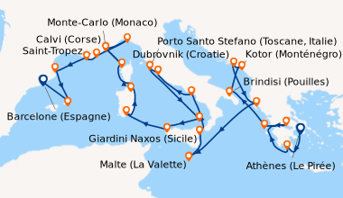 Itinéraire de la croisière Athènes (Le Pirée), Gythion (Grèce), En mer, ...