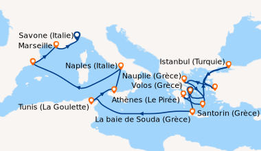 Itinéraire de la croisière Grèce, Turquie, Tunisie, Italie, Espagne, France