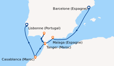 Itinéraire de la croisière Barcelone (Espagne), En mer, Malaga (Espagne)...