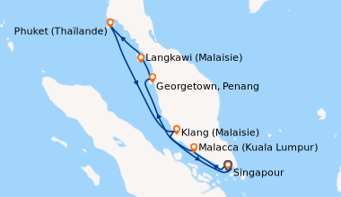 Itinéraire de la croisière Singapour, En mer, Georgetown, Penang, Langka...