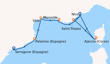 Itinéraire de la croisière Tarragone (Espagne), Palamos (Espagne), Sète,...