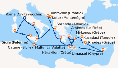 Itinéraire de la croisière Rome (Civitavecchia), Cagliari (Sardaigne), S...