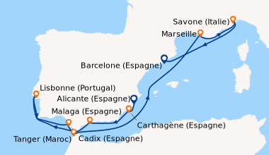 Itinéraire de la croisière Espagne, Portugal, Maroc, France, Italie